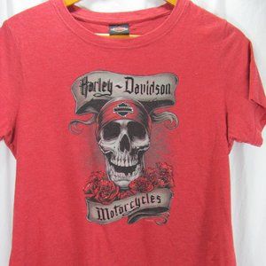 Harley Davidson Women's T Shirt South Bend IN Skull Roses Rhinestones Red XL